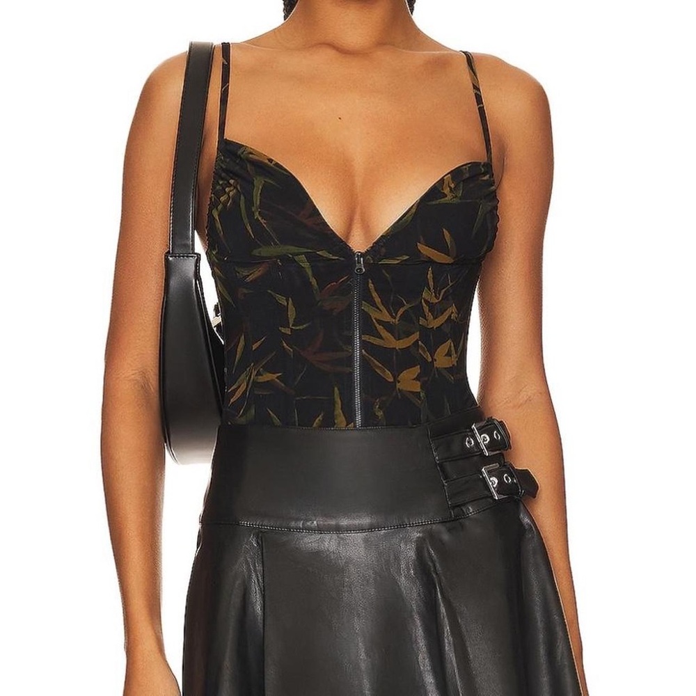 Zip Front Mesh Corset in Black Vintage Leaves